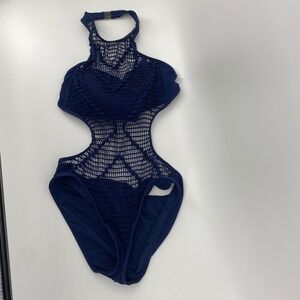 Kenneth Cole Monokini Women Large Navy Blue Crochet Mesh Cutout Halter Swimsuit
